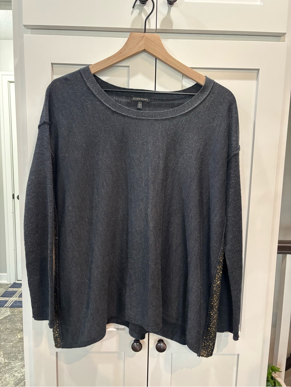 Eileen Fisher Merino Wool Gray Knit Long-Sleeve Sweater- Sequin Sides